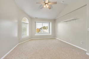 Large bedroom 3 featuring vaulted ceiling, brand new carpet, bay window, ceiling fan, view mountain, valley