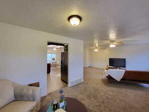 Living room featuring a textured ceiling, light colored carpet, and ceiling fan