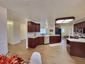 Kitchen featuring kitchen peninsula, sink, light hardwood / wood-style flooring, and appliances with stainless steel finishes