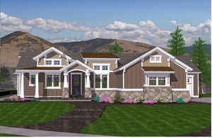 Craftsman inspired home featuring a mountain view and a front yard