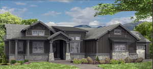 View of front of house with a standing seam roof, stone siding, board and batten siding, and roof with shingles