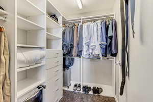 Spacious closet featuring dark colored carpet