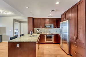 Kitchen featuring stainless steel appliances, light hardwood / wood-style floors, sink, kitchen peninsula, and backsplash