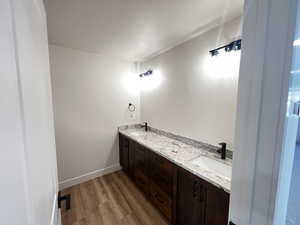 Bathroom with vanity and wood-type flooring