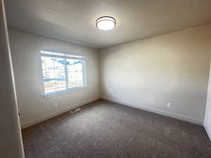 Carpeted spare room featuring a textured ceiling