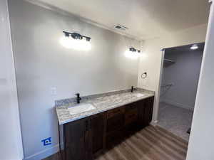 Bathroom featuring hardwood / wood-style flooring and vanity