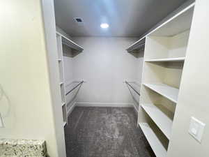 Walk in closet featuring dark colored carpet