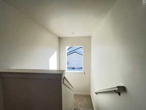 Stairs featuring carpet flooring and a textured ceiling