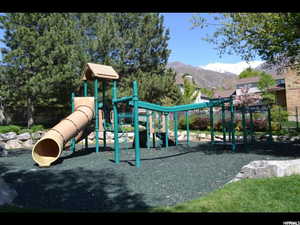 View of play area with a mountain view