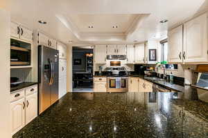 Kitchen featuring stainless steel appliances, sink, dark stone counters, a tray ceiling, and white cabinets