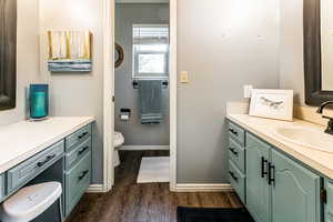 Bathroom with vanity, hardwood / wood-style flooring, and toilet