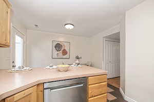 Kitchen featuring stainless steel dishwasher, light brown cabinetry, and dark hardwood / wood-style floors