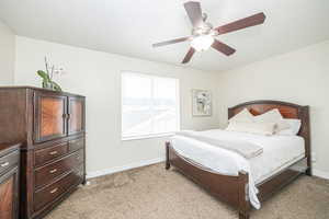 Bedroom with ceiling fan and carpet