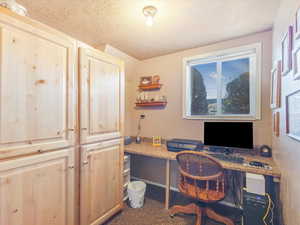 Carpeted office space featuring built in desk and a textured ceiling