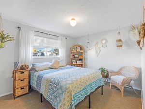 Carpeted bedroom with a textured ceiling