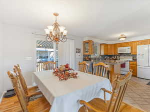 Dining room featuring light hardwood / wood-style flooring, sink, and an inviting chandelier