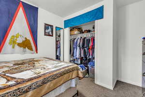 Carpeted bedroom featuring a closet