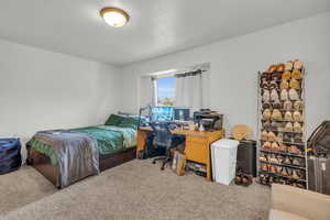 Carpeted bedroom with a textured ceiling