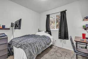 Carpeted bedroom featuring a textured ceiling