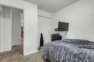 Carpeted bedroom with a textured ceiling and a closet