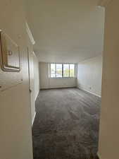 Unfurnished room with ornamental molding and carpet floors