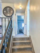 Stairway featuring carpet flooring and a textured ceiling