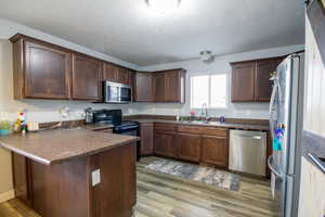 Kitchen featuring kitchen peninsula, dark brown cabinets, light wood-type flooring, and stainless steel appliances