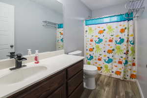 Bathroom with curtained shower, toilet, vanity, and hardwood / wood-style flooring