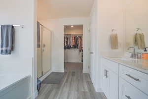 Bathroom with vanity, hardwood / wood-style flooring, and a shower with shower door