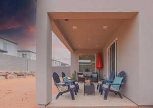 View of patio terrace at dusk