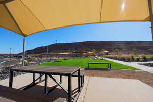 View of patio / terrace featuring a mountain view