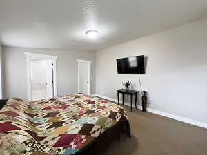 Carpeted bedroom with ensuite bathroom, a textured ceiling, and vaulted ceiling