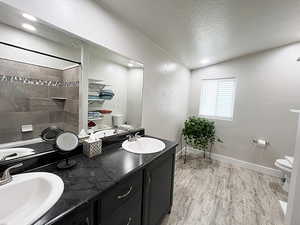 Bathroom with wood-type flooring, lofted ceiling, toilet, a textured ceiling, and vanity