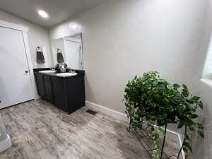 Bathroom featuring vanity and hardwood / wood-style floors