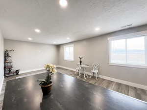 Exercise room featuring hardwood / wood-style floors and a textured ceiling