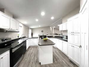 Kitchen featuring stainless steel appliances, wood-type flooring, and kitchen peninsula