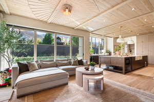 Interior space with sink, wood ceiling, and a mountain view