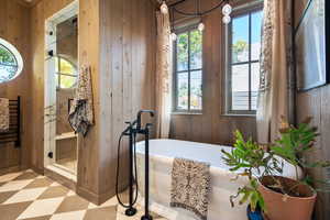 Interior space with wooden walls and plus walk in shower