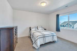 Carpeted bedroom with a textured ceiling