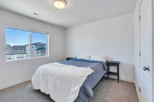 Bedroom featuring a textured ceiling and light carpet