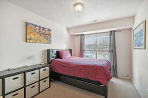 Carpeted bedroom with a textured ceiling