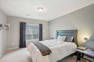 Carpeted bedroom with a textured ceiling