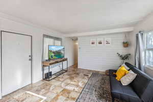 Living room with wooden walls