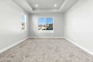 Empty room featuring a raised ceiling and light colored carpet