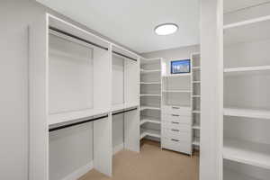 Walk in closet with light colored carpet