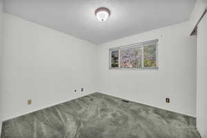 Carpeted spare room with a textured ceiling