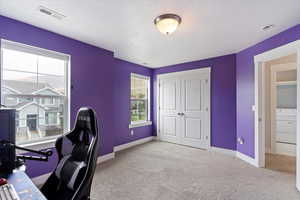 Office/bedroom area featuring a textured ceiling and light carpet