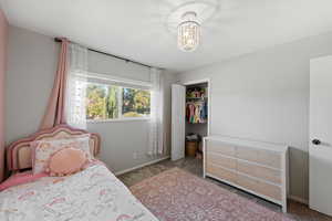 Carpeted bedroom featuring a closet