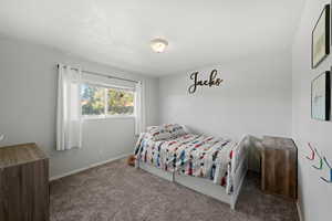 Carpeted bedroom with a textured ceiling