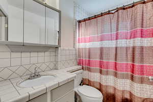 Bathroom featuring toilet, backsplash, and vanity